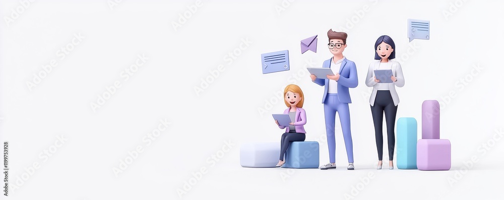 Three cartoon-like characters engage with digital devices, surrounded by abstract shapes, representing teamwork and communication in a modern context. Three cartoon-like characters engage with digital devices, surrounded by abstract shapes, representing teamwork and communication in a modern context.