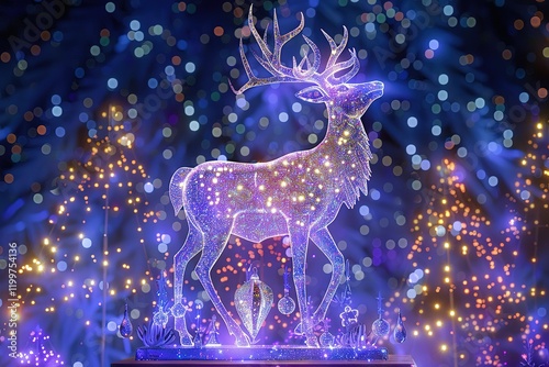 Holy light, crystal white deer, very detailed 3d animation,super clear, transparent, focusing light, optics, realism, Felted wool Christmas bell ornamentsred podium, pale violet background   photo