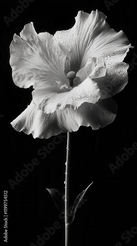 Black and white photograph of a single flower with water droplets on a dark background