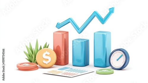 A colorful illustration of financial growth featuring bar graphs, coins, a gauge, and greenery, symbolizing investment and progress.