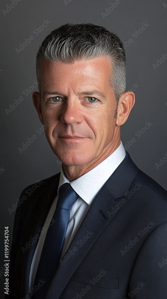 Professional photo of a middle-aged man with gray hair wearing a suit and tie plain gray background Professional photo of a middle-aged man with gray hair wearing a suit and tie plain gray background