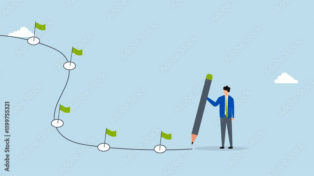 Workflow, 4k animation of entrepreneur sketching workflow line with achievement flag milestones using a pencil. 