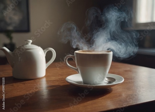 A steaming cup of freshly brewed coffee sits invitingly before you photo