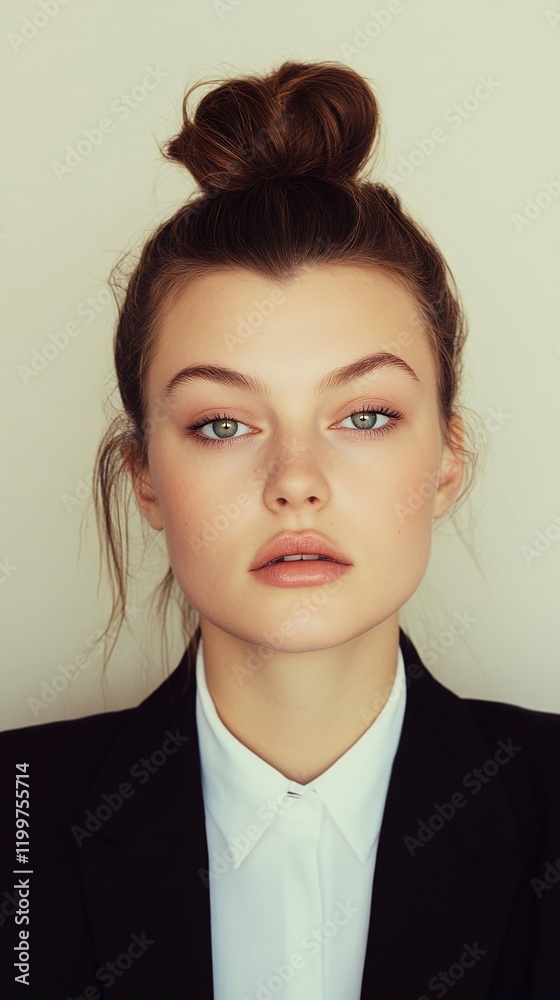 Professional portrait of a young woman with a bun hairstyle wearing a formal suit plain light background Professional portrait of a young woman with a bun hairstyle wearing a formal suit plain light background