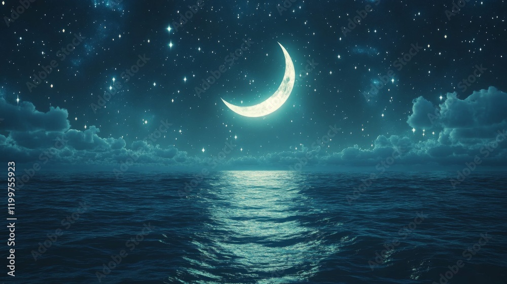 Fototapeta premium Crescent Moon Over Calm Ocean Under Starry Night Sky