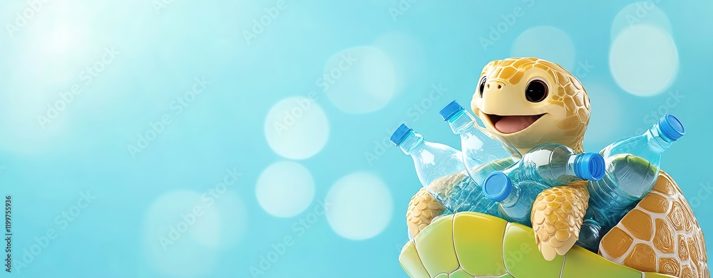 Naklejka premium climate change concept Cute turtle with plastic bottles on its back.