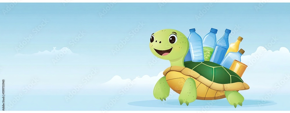 Obraz premium climate change concept Happy turtle carrying bottles, promoting recycling.