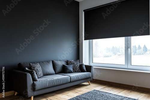 A black roller blind is hung on the window of an empty living room