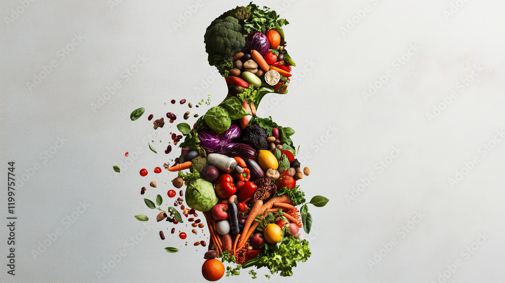 Human silhouette made of colorful vegetables and fruits Human silhouette made of colorful vegetables and fruits