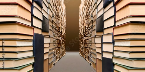 A narrow aisle lined with stacks of books on either side, creating a cozy, library-like atmosphere. Concept Cozy Library Vibes, Bookish Retreat, Charming Aisle, Literary Haven, Warm Reading Nook photo