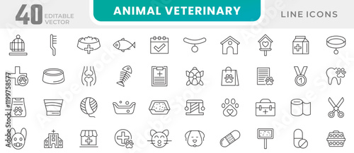 Animal Veterinery line icon set. Pet services, pet, care, veterinary, vet, healthcare, dogfood, rabbit, parrot, fish, food, water, collar, toy, bath line icon set. UI thin line icon pack.