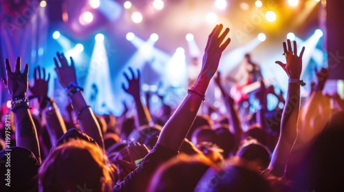 Crowd enjoying concert, stage lights, music festival