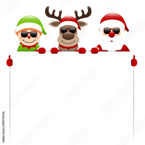 Elf Rentier Und Weihnachtsmann Mit Sonnenbrille Halten Schild Dunkelrot