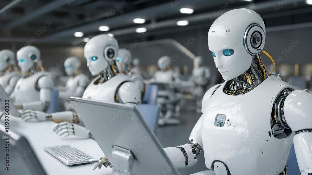 A futuristic factory filled with humanoid robots assembling high-tech gadgets, working seamlessly with AI-controlled machinery under bright, clean lights