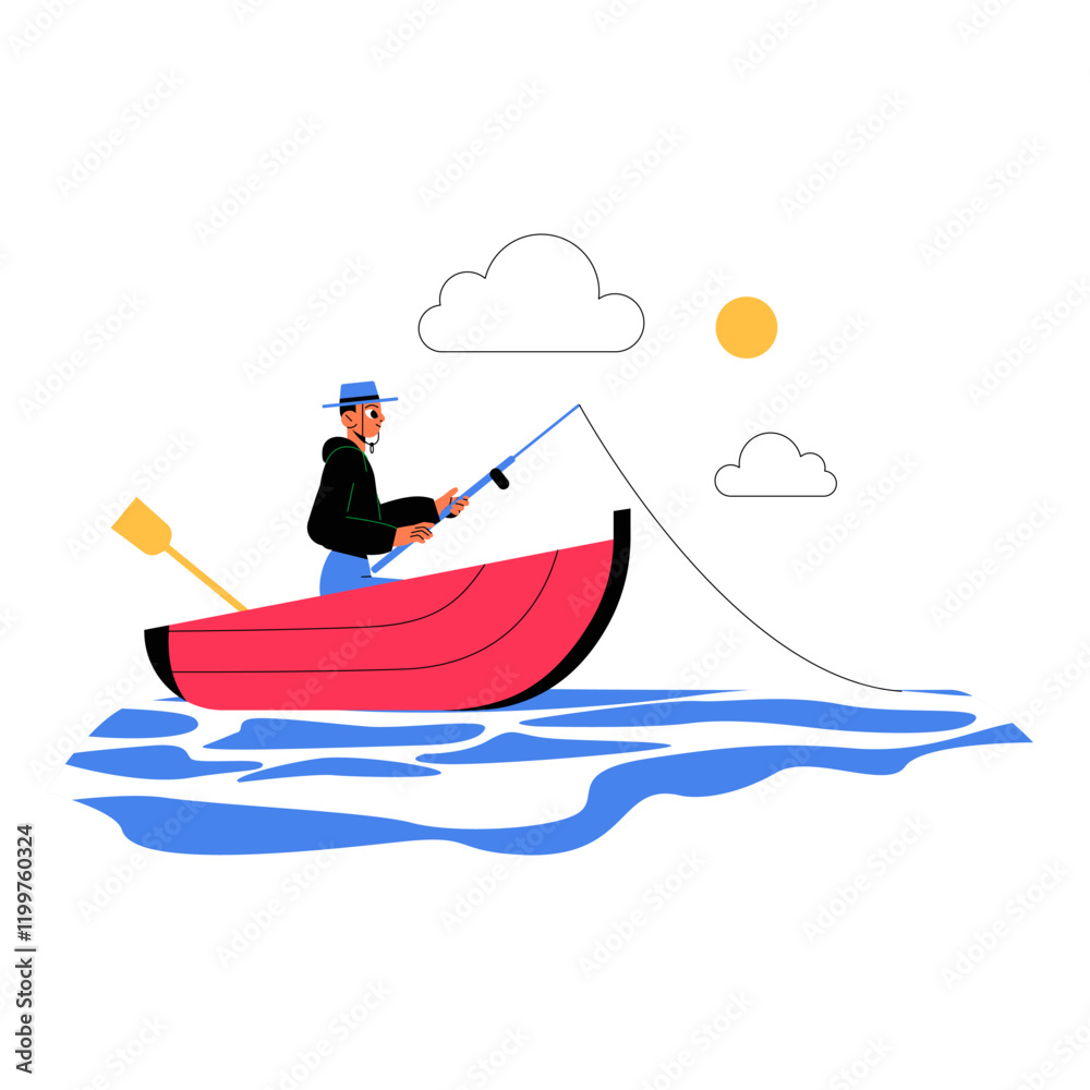 Man Fishing In A Small Red Boat On A Calm Lake Under Clear Sky In Flat Vector Illustration Symbolizing Relaxation, Leisure, And Outdoor Activity, Isolated On White Background. Man Fishing In A Small Red Boat On A Calm Lake Under Clear Sky In Flat Vector Illustration Symbolizing Relaxation, Leisure, And Outdoor Activity, Isolated On White Background.