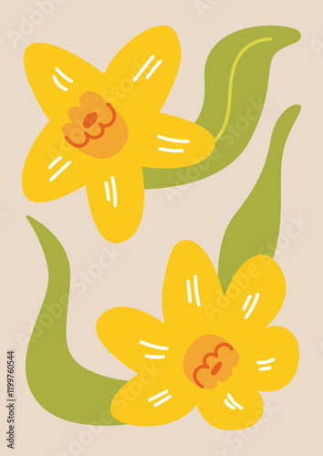 Floral poster with daffodil flowers. Hand drawn naive style. Vector flat illustration of spring flowers