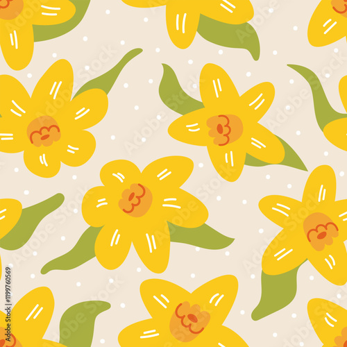 Seamless pattern with daffodil flowers. Floral vector flat background in hand drawn naive style