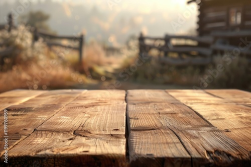 Clear Pixel Image of Rustic Empty Wooden Table with Blurred Wild West Background