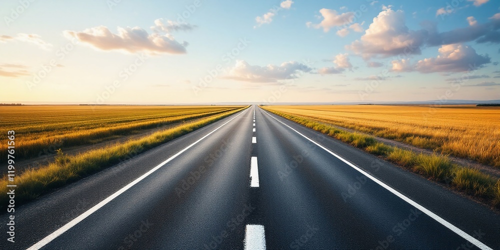 Long straight road stretching into the distance with golden grass fields and scattered clouds Long straight road stretching into the distance with golden grass fields and scattered clouds