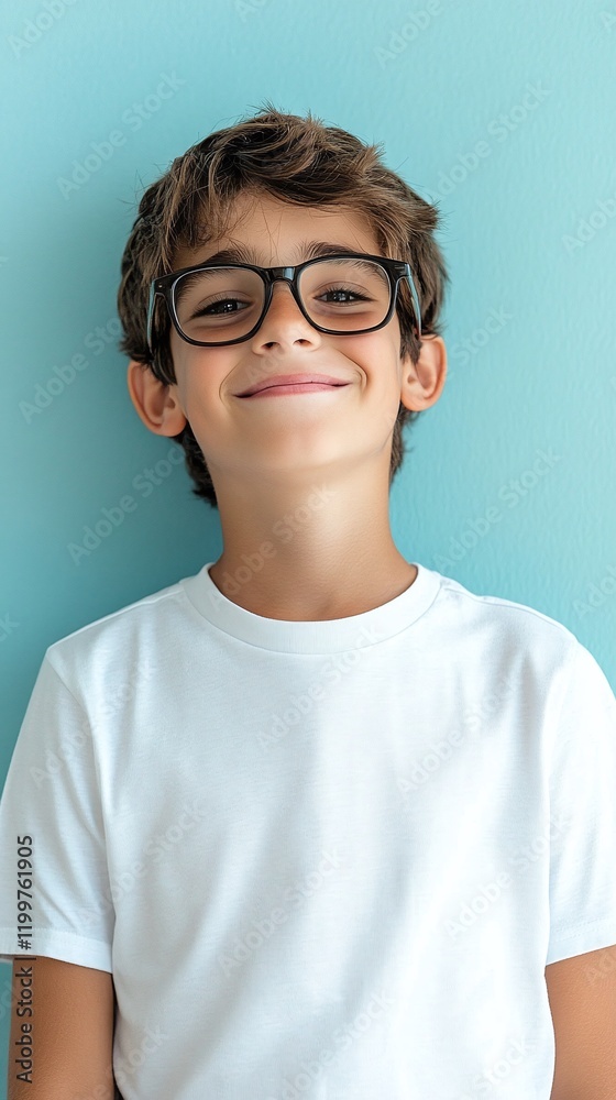 Teenage boy with glasses casual t-shirt light blue background natural smile ID photo format Teenage boy with glasses casual t-shirt light blue background natural smile ID photo format