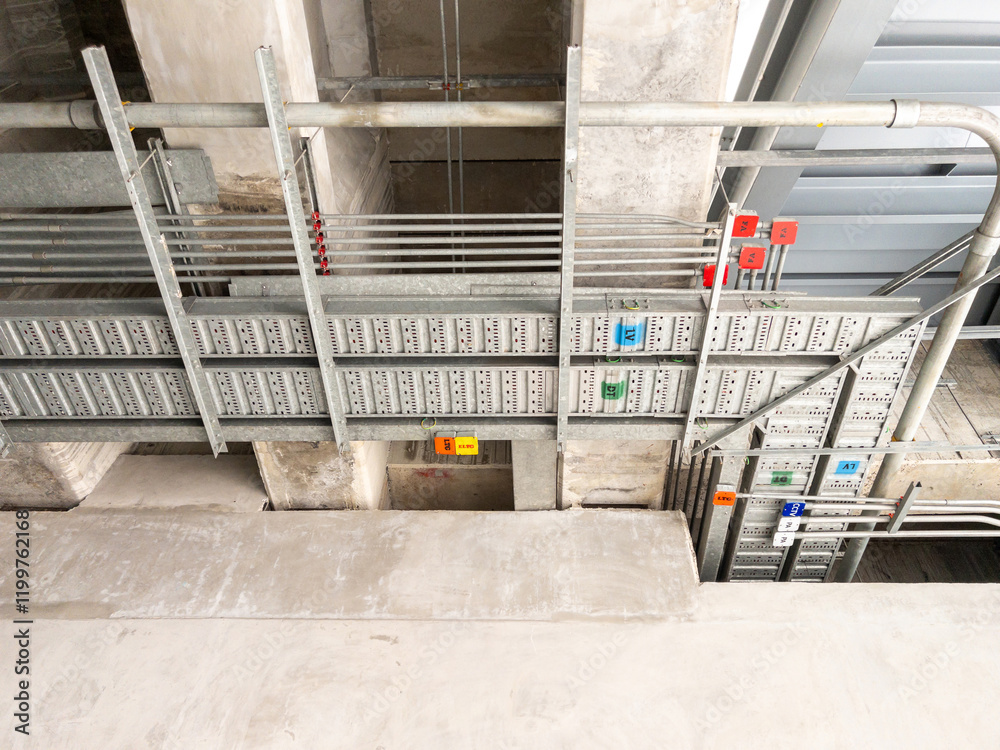 Organized Cable Tray System in Urban Train Station Infrastructure.