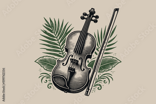 Classical violin surrounded by tropical leaves in vintage engraving style