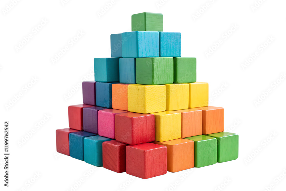 Building blocks arranged in a pyramid on transparent background, kid's educational toy set, colorful blocks Building blocks arranged in a pyramid on transparent background, kid's educational toy set, colorful blocks