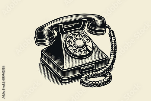 Vintage rotary phone in black and white engraving style vector art