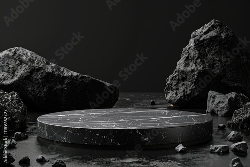 Black Podium Stone Background Rock Product Display in Dark Stand Platform