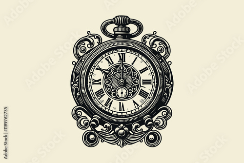 Vintage clock with intricate details in bold black-and-white engraving
