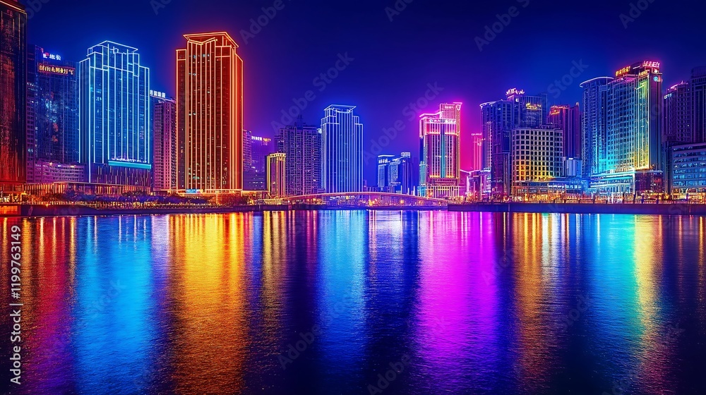 Obraz premium A modern city with neon lights and colorful skyscrapers reflecting on a sparkling river at night.