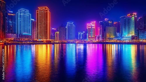 Wallpaper Mural A modern city with neon lights and colorful skyscrapers reflecting on a sparkling river at night. Torontodigital.ca