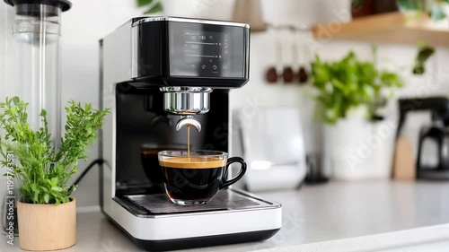 A modern smart coffee machine brewing a cup of coffee, with a digital display allowing users to adjust strength, temperature, and type of brew, all controlled via smartphone