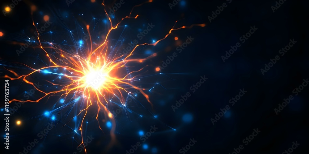 Fototapeta premium A bright explosion of light and energy with glowing lines and particles, resembling a star or a burst of electricity. Concept Bright Light Explosion, Glowing Energy Lines, Star-like Burst