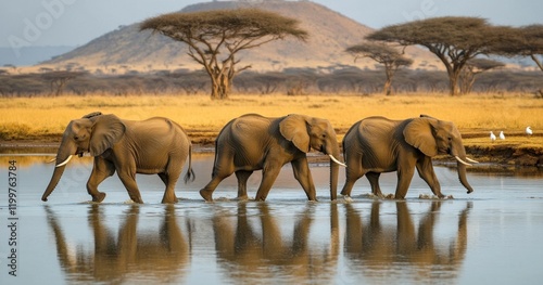 Three African elephants walking in shallow water, reflecting in the still surface.