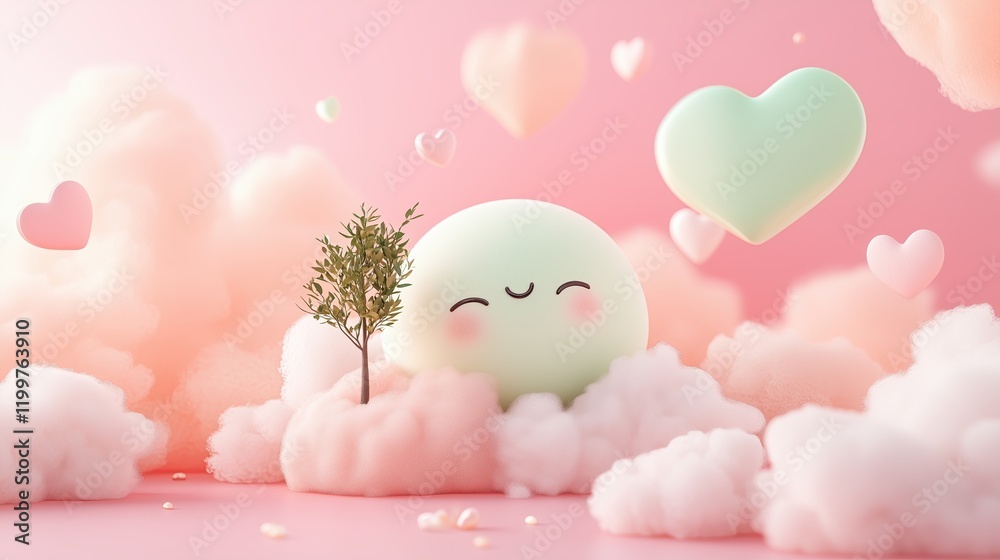 Earth's Tender Care: Sapling Surrounded by Pastel Clouds and Floating Hearts Earth's Tender Care: Sapling Surrounded by Pastel Clouds and Floating Hearts