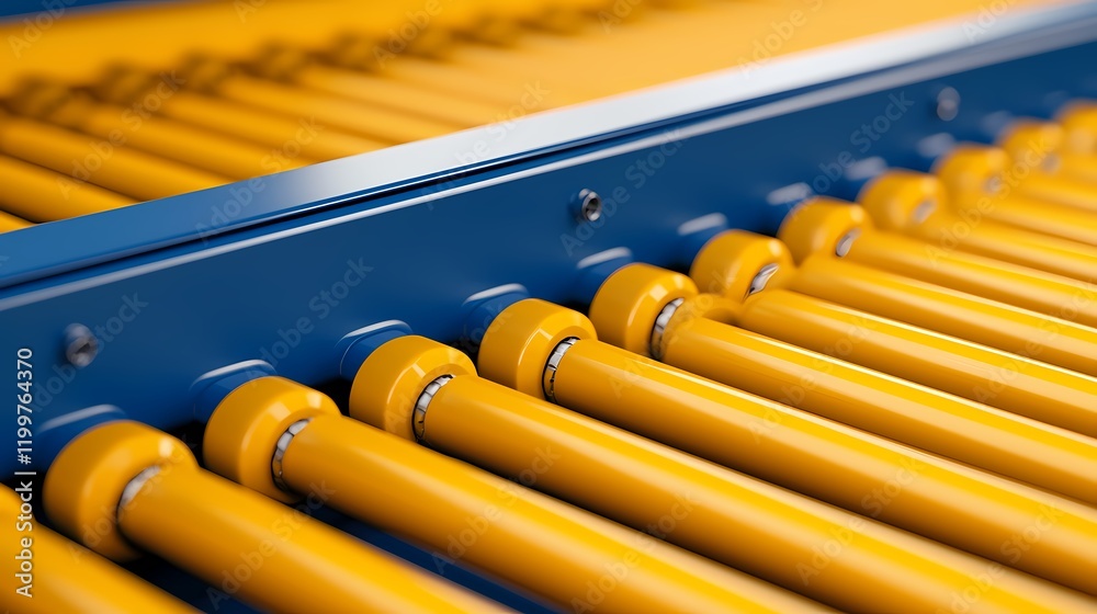 A close-up view of a conveyor roller system featuring vibrant yellow rollers against a blue background, showcasing industrial design and functionality. A close-up view of a conveyor roller system featuring vibrant yellow rollers against a blue background, showcasing industrial design and functionality.