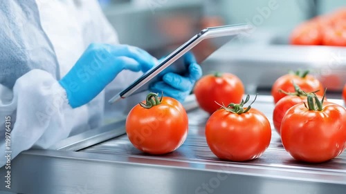 A quality control inspector in a protective mask and gloves inspecting ripe tomatoes on a conveyor belt, using a tablet to log data in a sterile food processing plant