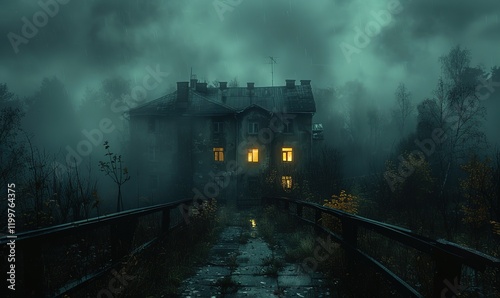 scary house in the fog at night photo