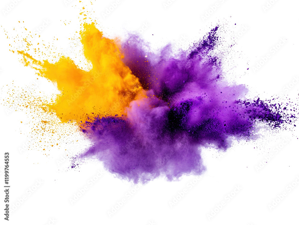 Obraz premium Purple and yellow powder explosion creating colorful cloud on white background isolated on a white background.