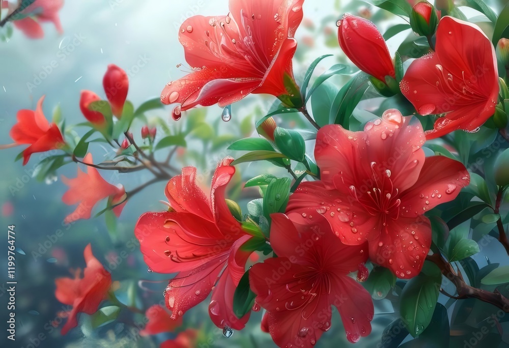 Red azaleas rain drops garden spring. Red azaleas rain drops garden spring.