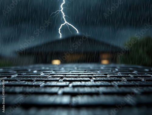 Rainy night with lightning over rooftops