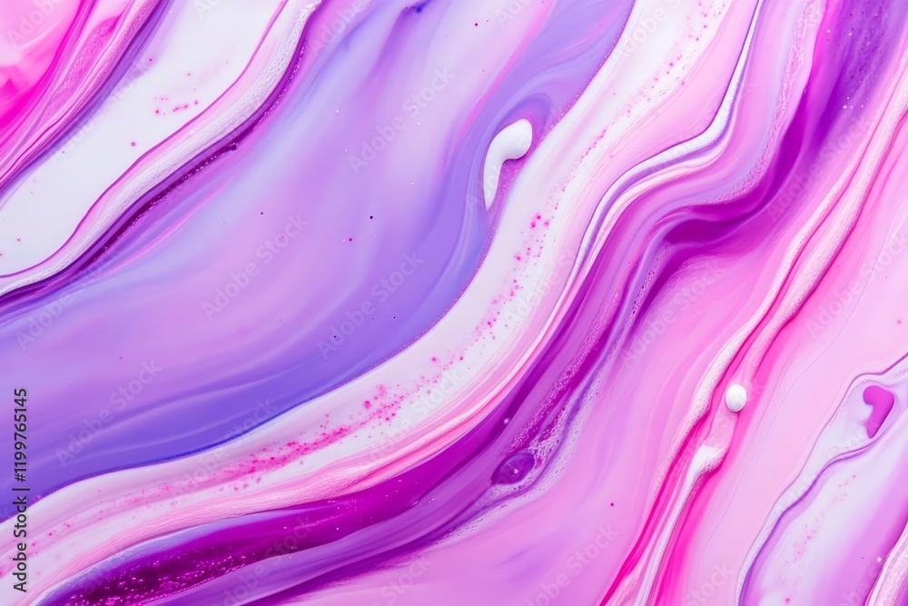 Naklejka premium Abstract Purple and Pink Fluid Art - Swirling mix of purple, pink, and white paint creates a beautiful abstract background. Ideal for design projects.