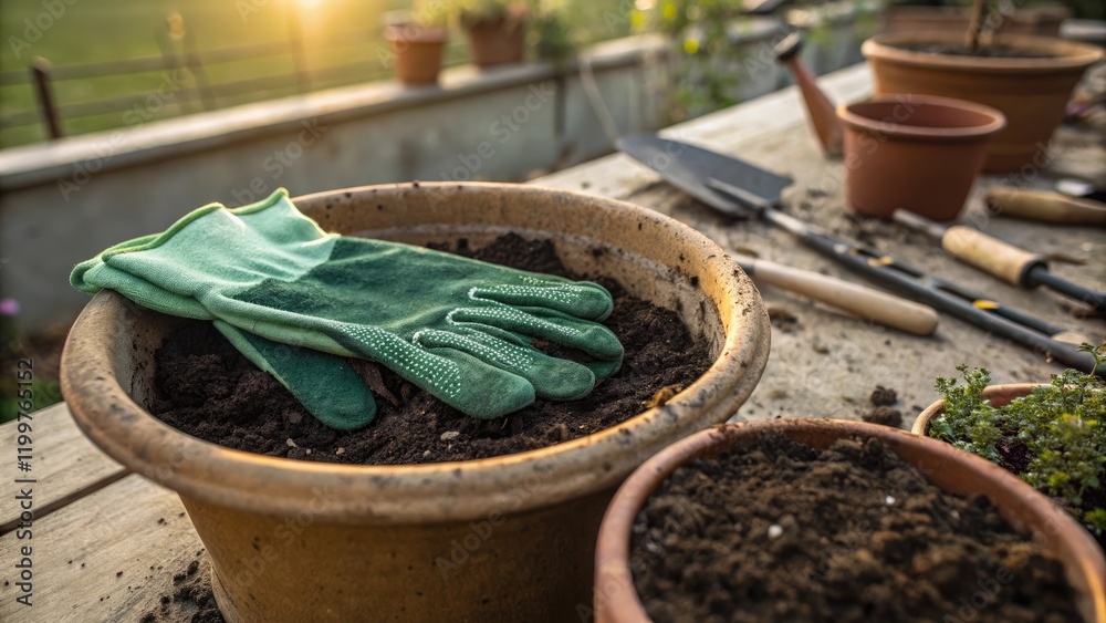 Gardening tools and gloves on a wooden table with potted plants in the background Gardening tools and gloves on a wooden table with potted plants in the background