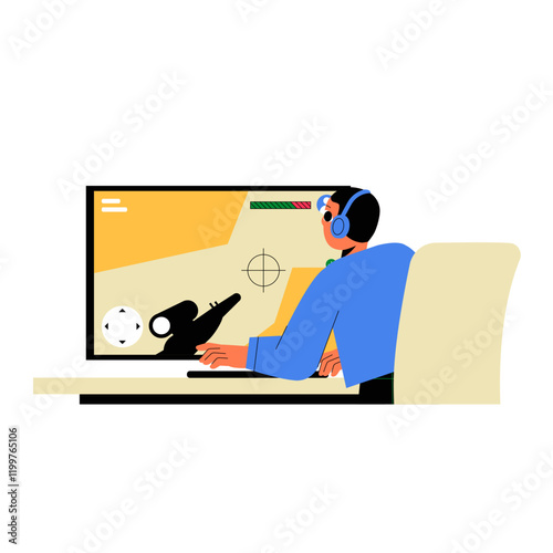 Man Playing Shooting Video Game On Computer In Flat Vector Illustration Symbolizing E Sports, Gaming Culture, And Entertainment, Isolated On White Background.