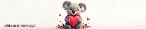Cute koala character holding a heart surrounded by flowers, expressing love and joy. photo