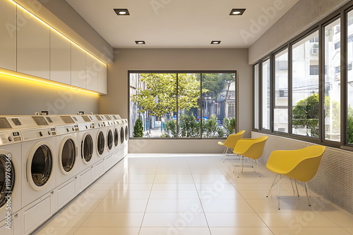 Modern interior of a laundromat with a row of washing