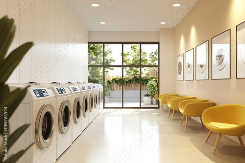 Modern interior of a laundromat with a row of washing
