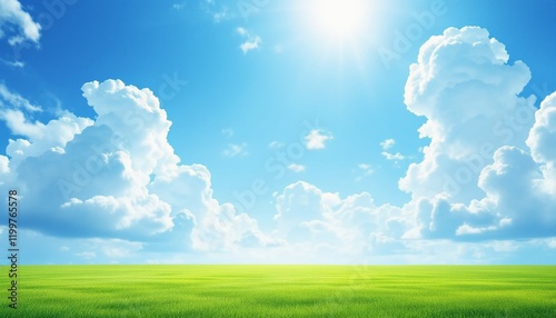 Bright Blue Sky with Fluffy White Clouds Over a Green Grass Field