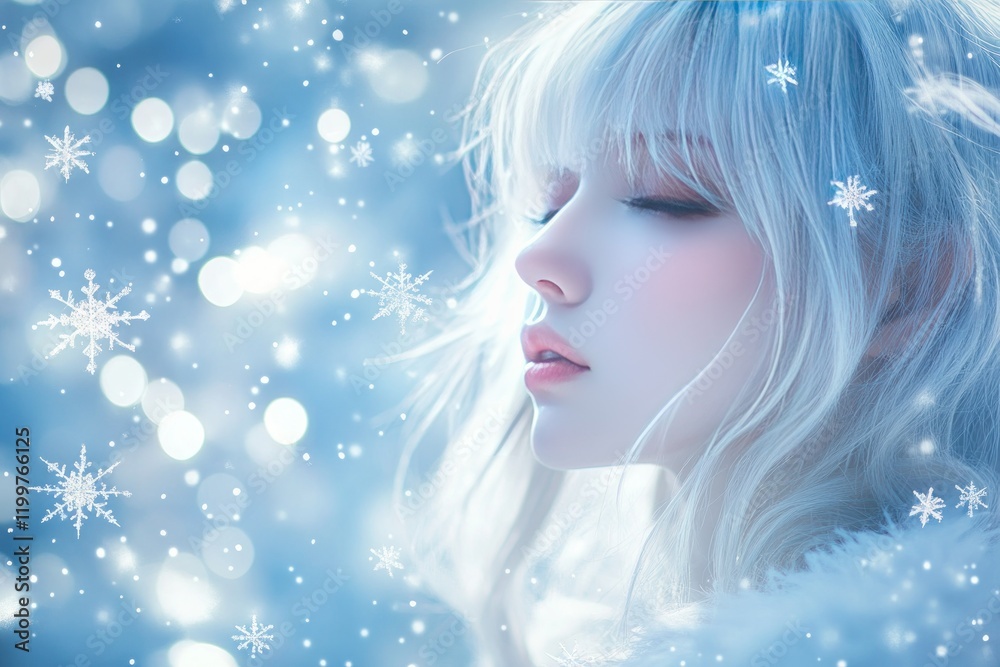 Dreamy Winter Portrait with Soft Snowflakes Dreamy Winter Portrait with Soft Snowflakes